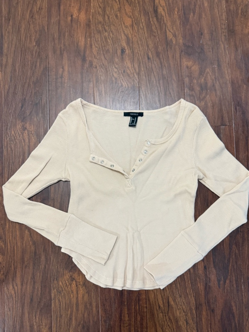 Forever 21 Cream Ribbed Henley Long Sleeve Top